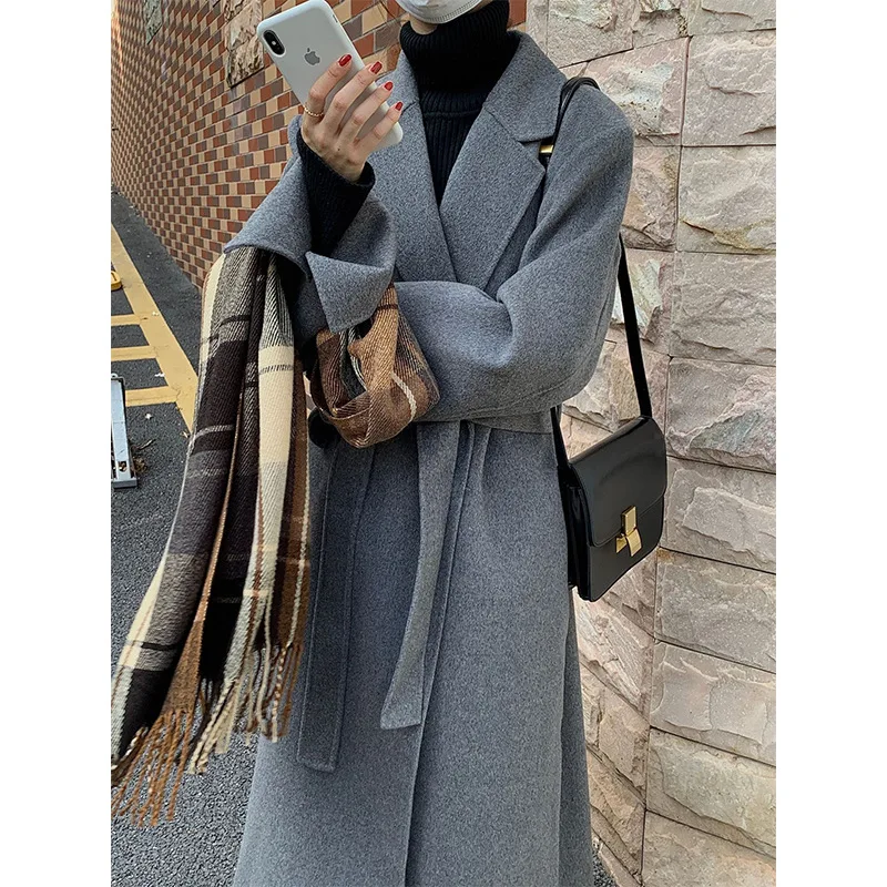 

Double-sided cashmere coat for women's Korean version of autumn and winter new wool lace-up extended temperament woolen coat