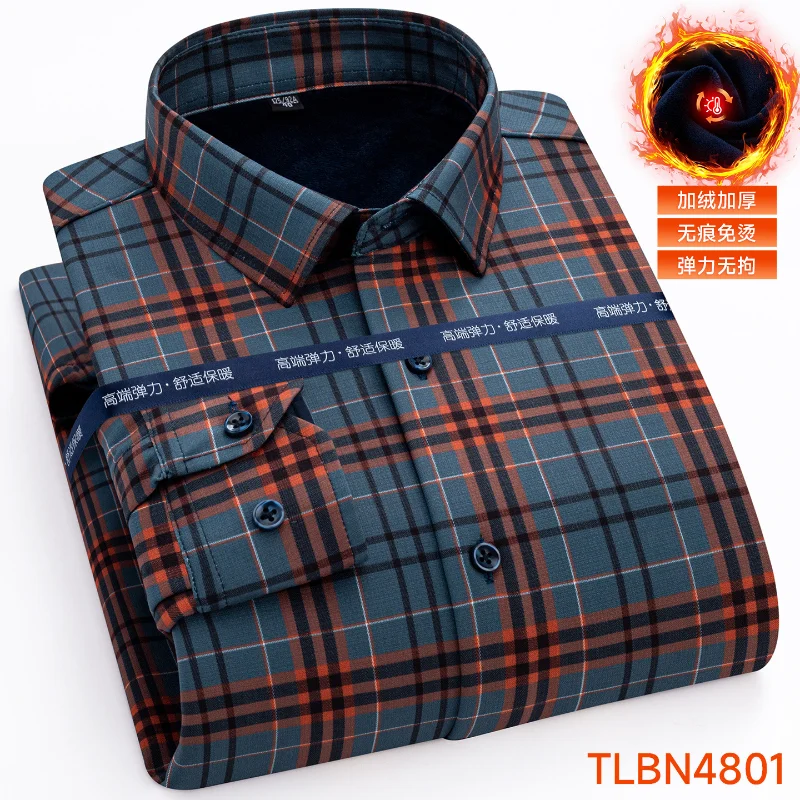 

Men's Winter Fleece Lined Plaid Shirt Warm Stretch Long Sleeve Business Casual Wrinkle-Free Thermal Dress Shirt