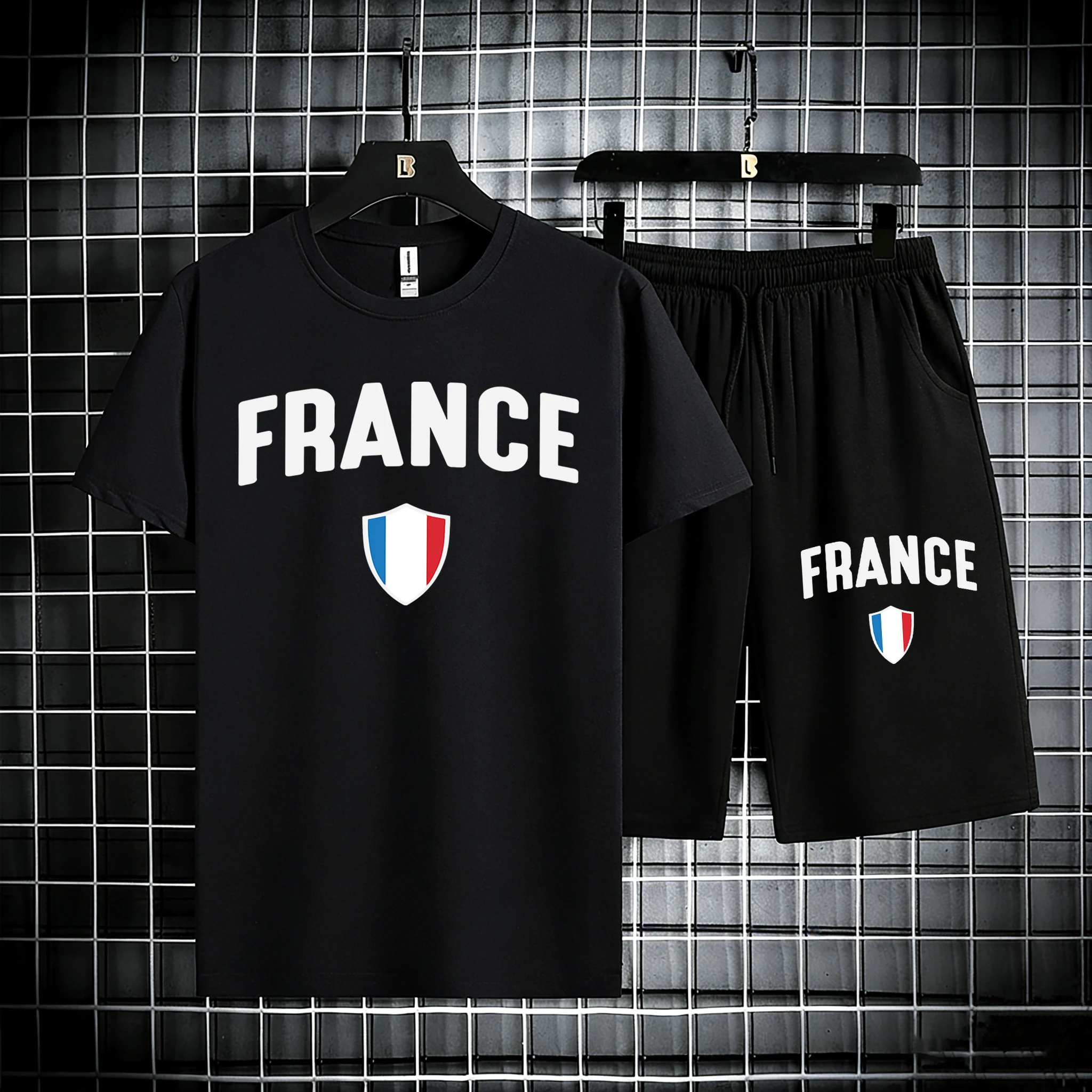 

France Letter Pattern Cotton Summer Short Sleeve T-Shirt Set Of Men Running Soft Tees Drawstring New Fitness Pants Sport Clothes