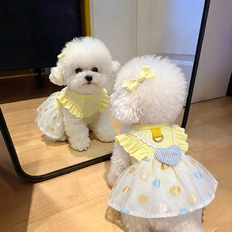 New Pet Dot Dress Yellow Heart-shaped Little Sleeve Cat and Dog Spring and Summer Vest Puppy Clothes Pet Dresses for Small Cats