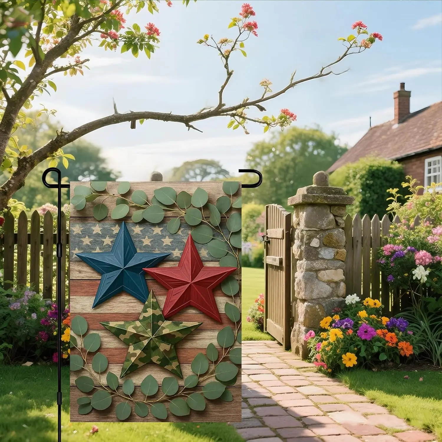 IVN Patriotic Garden Flag Stars and Stripes 12x18 Inch Red White Blue Star Design Outdoor Sign for Fourth of July Lawn or Po EEZ