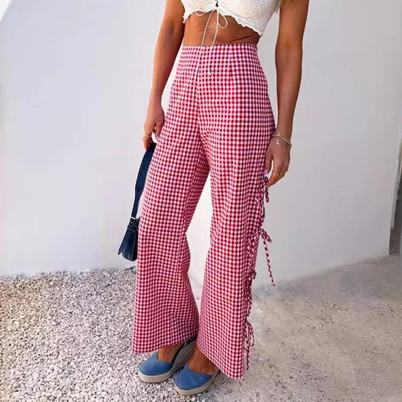 

Women Pants Casual Red Plaid Print Casual Pants Women's High Waist Side Slit Lace-up Wide Leg Pants 2024 Summer