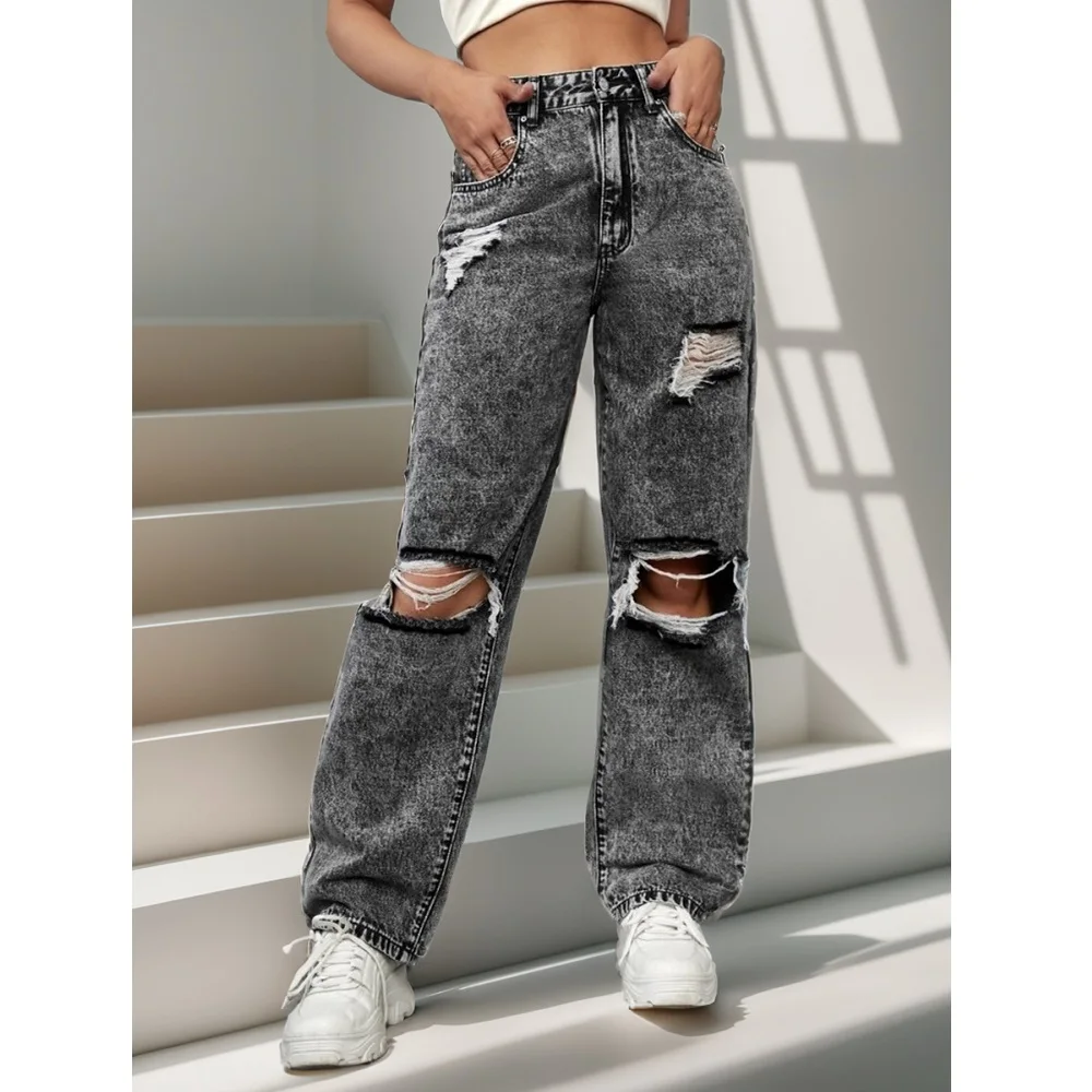

﻿ Women Ripped Hole Streetwear Denim Jeans Ladies Regluar Straight Long Pants Pantalones de mujer