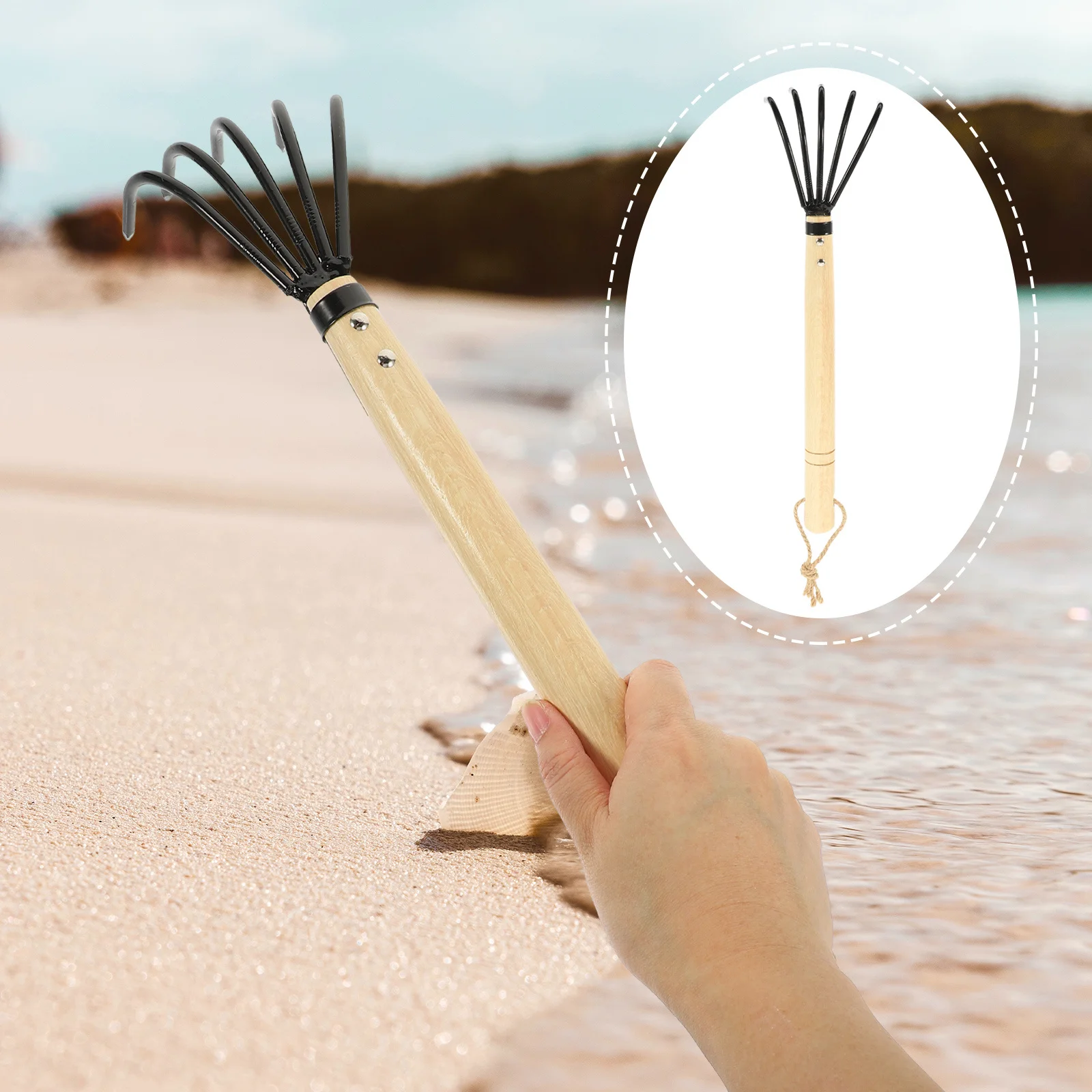 

5 Tine Claw Rake Wooden Handle Heavy Duty Steel Beach Shell Digging Tool for Garden Soil Loosening and Seafood Harvesting Hand