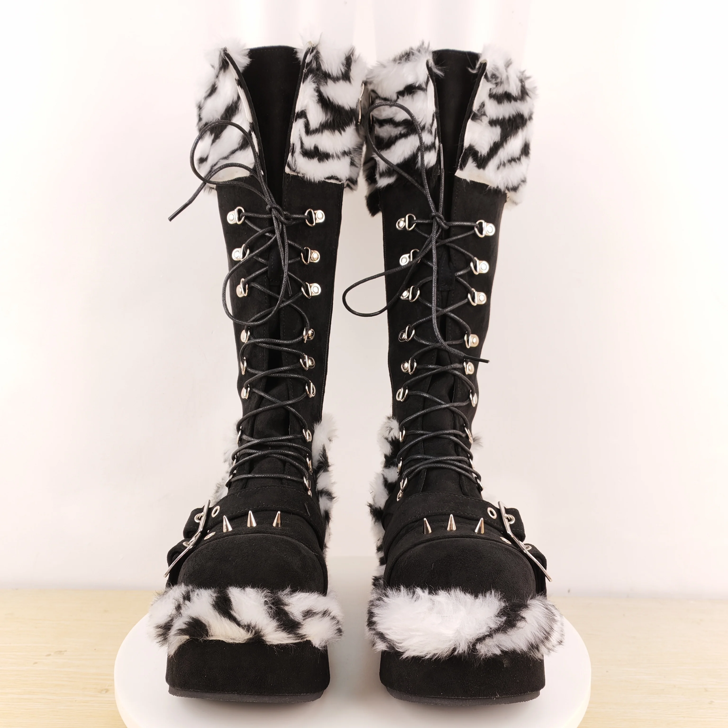 Women's Black White Zebra Fur Lace-Up Boots Platform Sole Buckle Detail Edgy Punk for Autumn/winter Streetwear Statement Looks