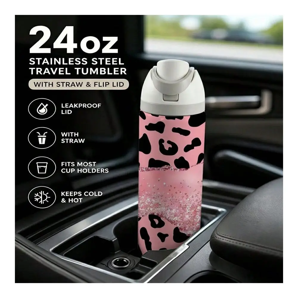 Pc 24oz Stainless Steel Tumbler With Lid And Straw, Stylish Pink Leopard Cheetah Print Tumbler Wrap With Sparkling Rose Gold Gl