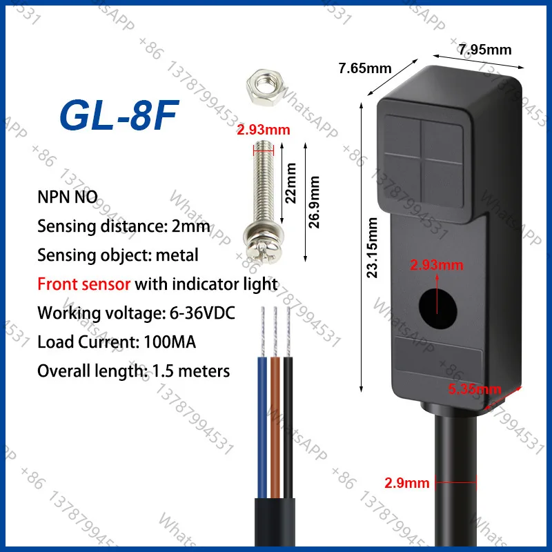 2mm Micro Small Square Proximity Switch Sensor GL-8F 8H Metal Sensor Switch 36V Three-Wire Inductive NPN PNP NO NC 6-36VDC
