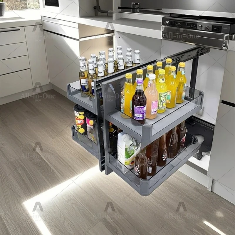 Cabinet Corner Pull-out Basket Kitchen Tempered Glass Seasoning Basket Drawer Style Storage Rack