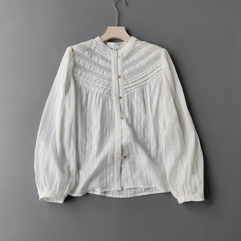 

Women White Lace T-shirt Embroidery Floral Print Shell One Breasted Long Sleeve Loose Shirts Female Autumn Versatile Tops Tee