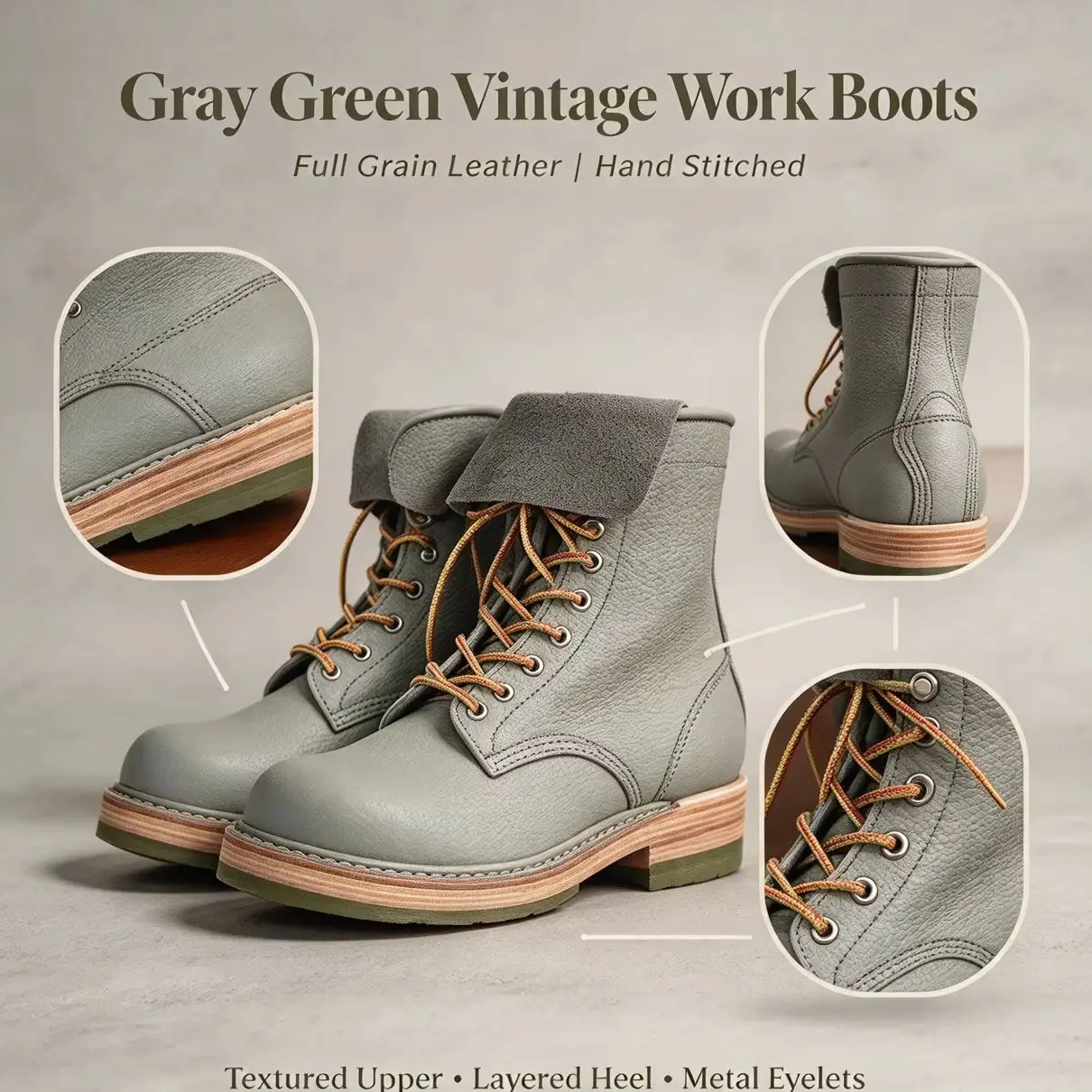 AP803 Men's Vintage Suede Leather Work Boots Fold Over Top Goodyear Welted Thick Sole Casual Retro Lace Up Ankle Boots