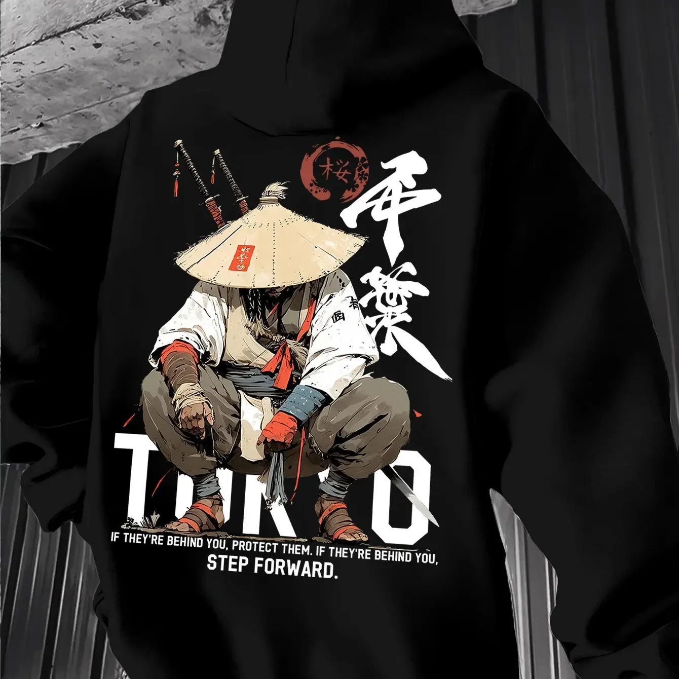 Japanese Retro Samurai-inspired Men's Hoodie with Sword and Knives Print, Casual and Relaxed Streetwear Style.