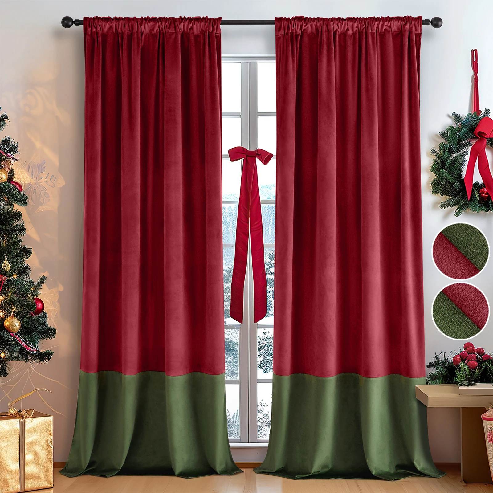 2 panneaux de rideaux en velours bicolores, occultants à 50-70 %, isolants thermiques, rideaux de fenêtre de Noël rouges et verts avec bandeau fonctionnel pour salon, chambre et décoration de fêtes, largeur de 52 pouces chacun