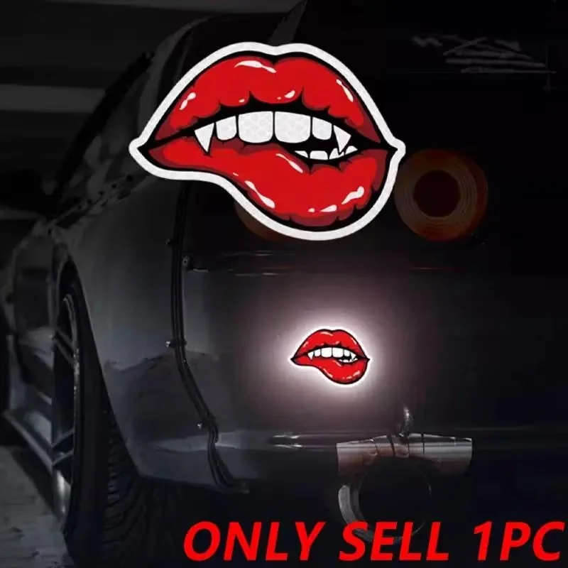 1-Piece Reflective Vampire Fangs Red Lips Car Sticker, Self-Adhesive Horror Mouth Sticker, Waterproof High-Visibility Warning Sticker, Suitable for Motorcycle, Truck Bumper, and Car Window Decoration Bumper Stickers