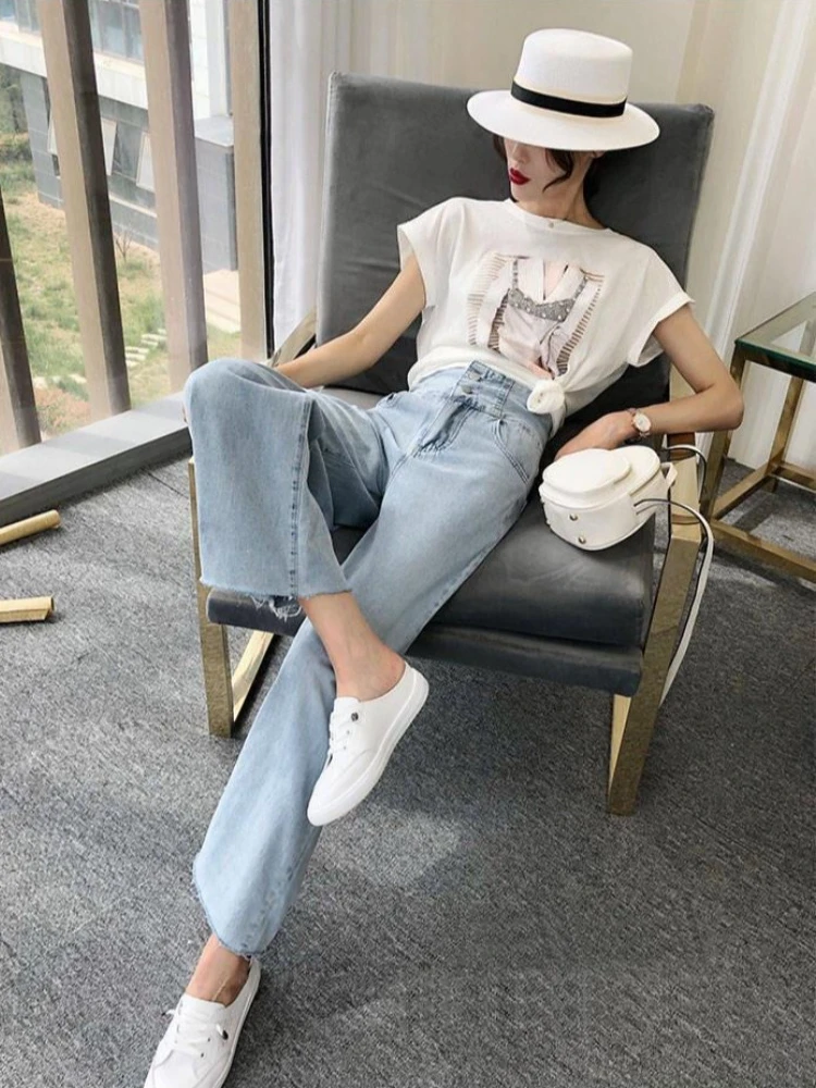 

Hollow Out New Spring Autumn High Waist Wide Leg Jeans Women Slim Casual Pear Shape Thin Drape Straight Cropped