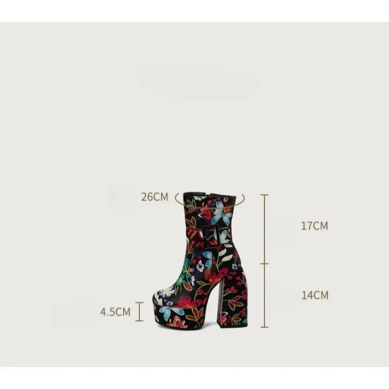 Fashion Winter Embroider Floral Punk Style Ankle Boots Ultra-High Platform Block Heel Metal Belt Buckle Catwalk Shoes Women