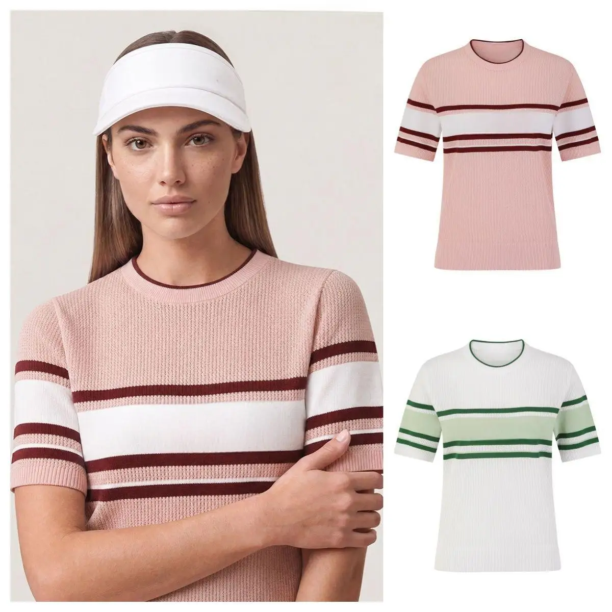 Women Thin Striped Knit Golf T-Shirt Summer Breathable Slim Fit Short Sleeve Blouse Daily Casual Golf Training Outer Tops