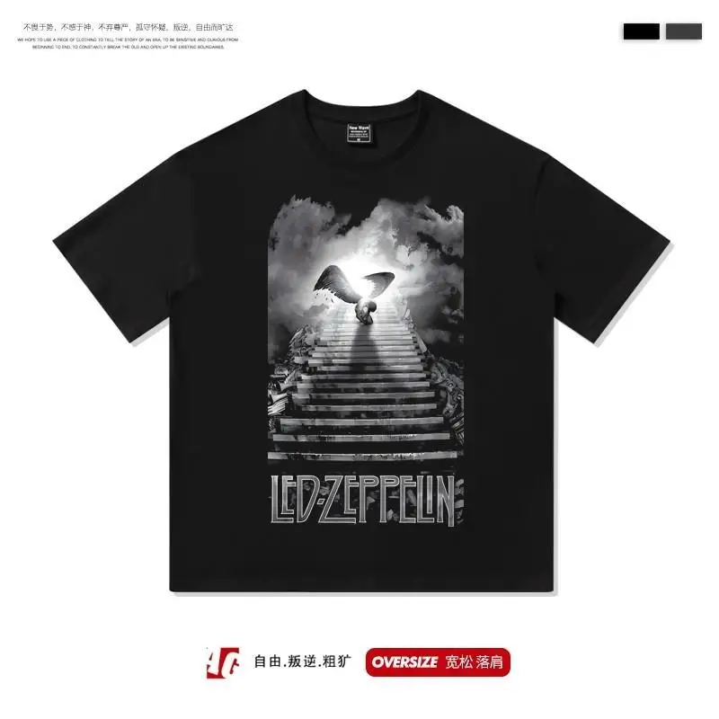 Same Style Zeppelin Airship LedZeppelin Hip-hop Rock Print Loose Casual Trend Short Sleeved T-shirt Over