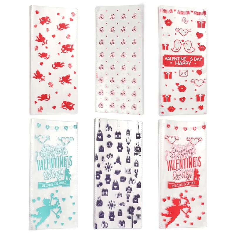 Pack of 50 Valentines Party Cellophane Treat Bags Mixed Heart Print