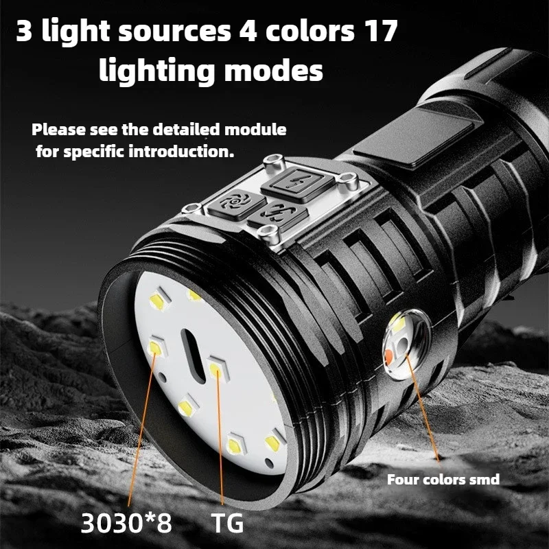 Three light sources and seventeen lighting modes flashlight with built-in 18650 battery magnetic portable mini  small flashlight