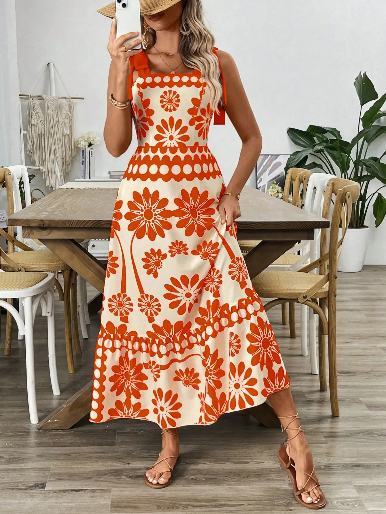 Damen-Maxikleid in Orange mit Blumenmuster, Schleife an der Schulter, quadratischem Ausschnitt, gerafftem Oberteil, A-Linie, fließend, für Sommerurlaub und Strand – Detail 4