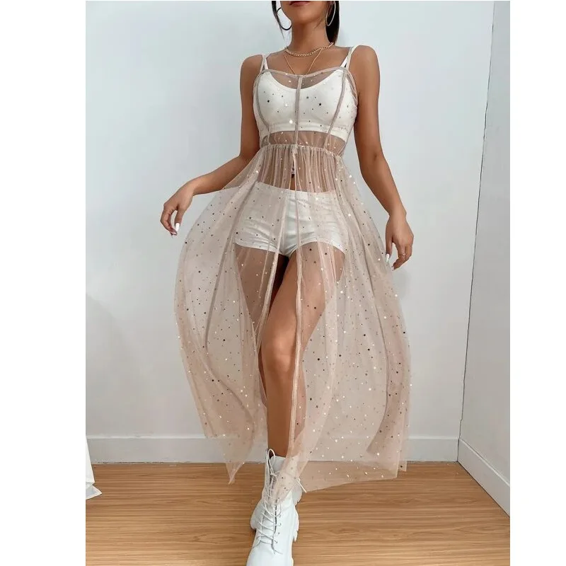 Festival Outfit Sexy Women Sequin Mesh Sheer Smock Midi Dress Holiday Beach Club Summer Dresses Halloween Dress Up Cosplay