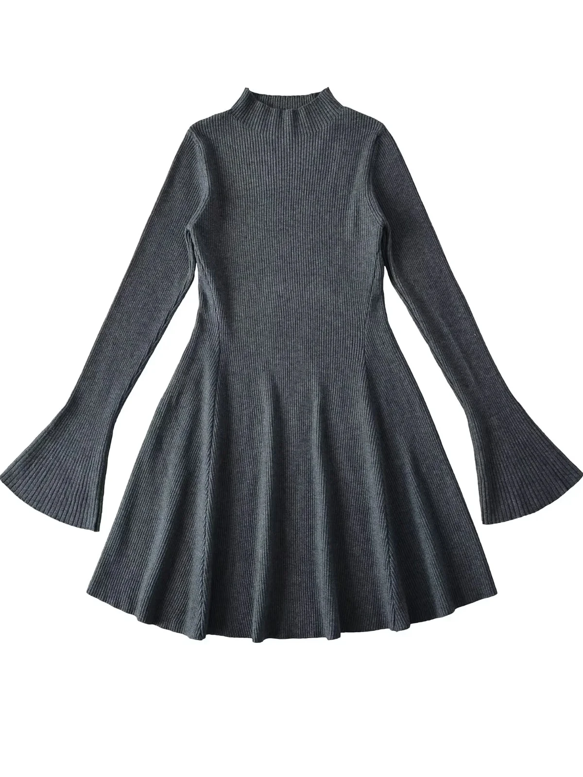 Retro American Slim Fit Knitted Dr with Bell Sves And High Collar for Women ort A-Line Skirt Ele Waist-Cinching