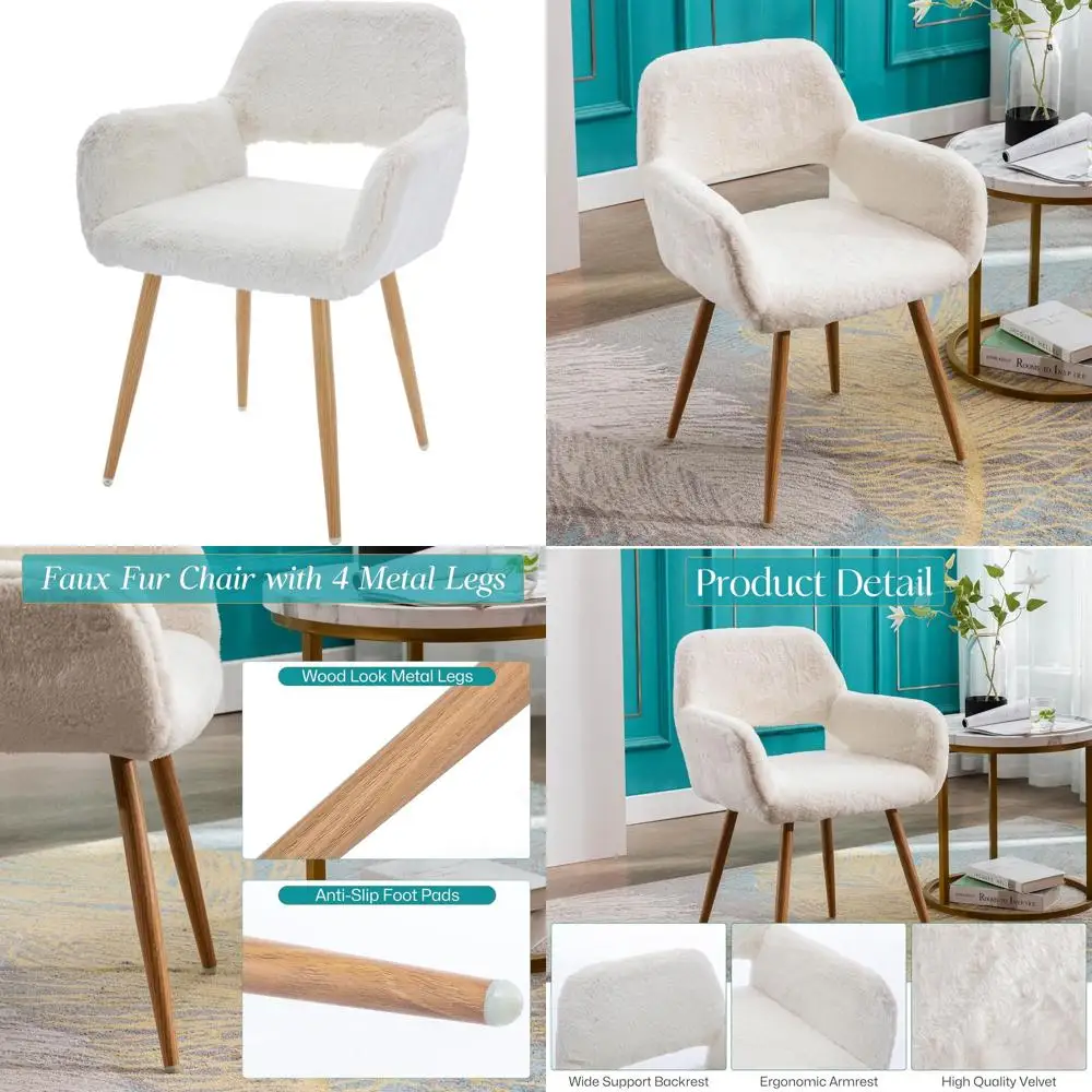 

Кресло для домашнего офиса из искусственного меха, плюшевое кресло для макияжа, уютное кресло с деревянными и металлическими акцентами, стильный белый обеденный стул