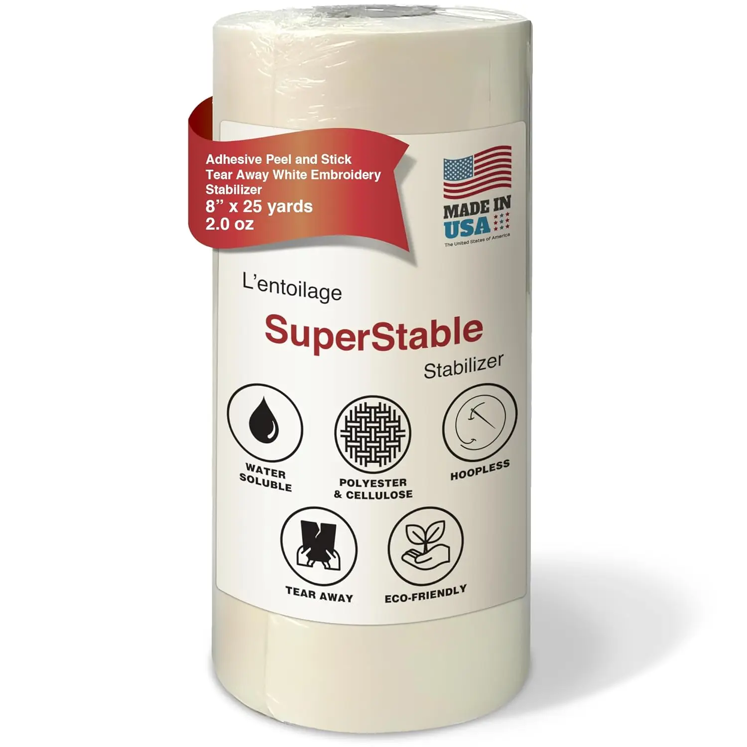 

White Adhesive Peel & Stick Tear Away Stabilizer for Embroidery - 8x25 Yard Roll, Hoop Less Machine Embroidery Backing