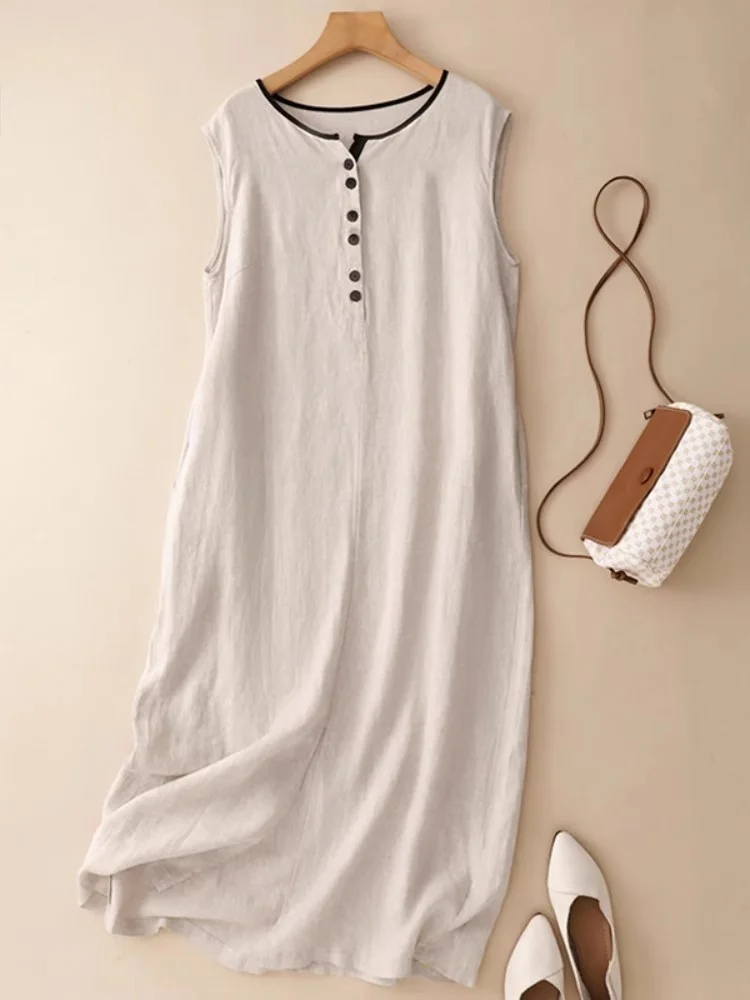 النمط الفني سترة كتان عادية فستان للنساء الصيف الراقية مزاجه اللون منعت الجولة الرقبة بلا أكمام Ddress W388