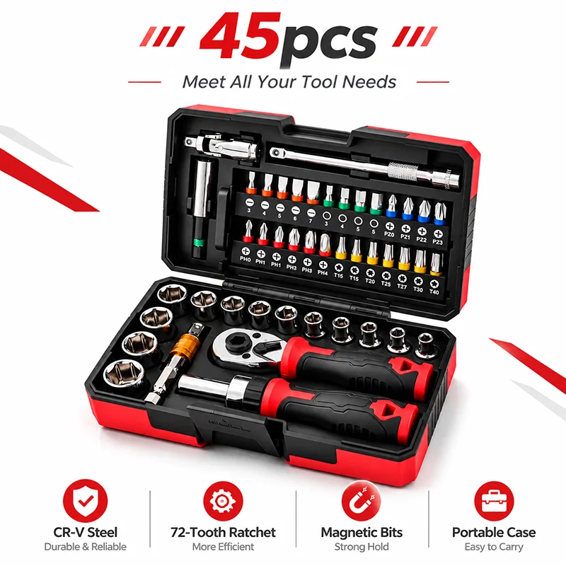 45Pcs Ratchet Socket Wrench Set 1/4 Inch Drive CR-V Steel 72-Tooth Magnetic Screwdriver Bit Kit for Home Repair DIY with Case