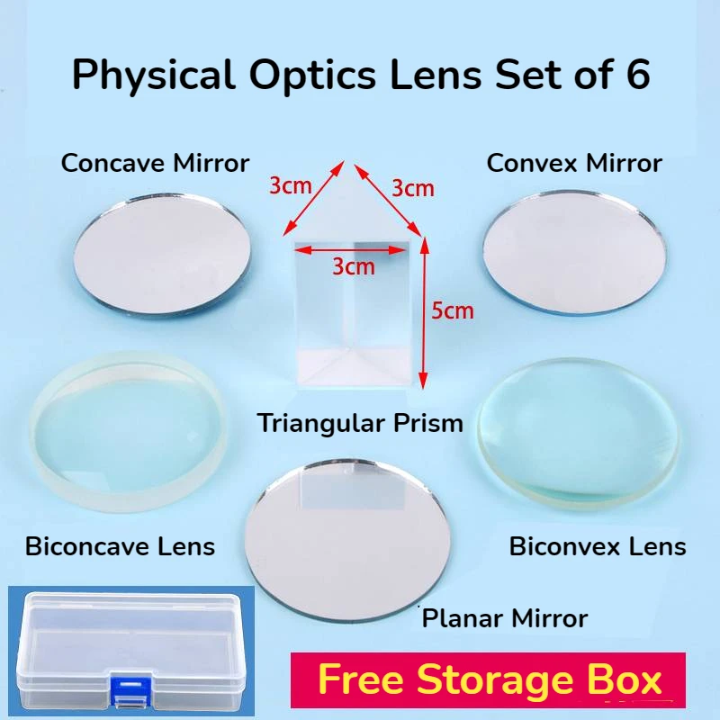 

Optical Lens Set 6 for Physical Optics Lab Equipment Concave Lens Triangular Prism Convex Lens Concave Mirror Planar Mirror