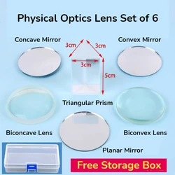 Optical Lens Set 6 for Physical Optics Lab Equipment Concave Lens Triangular Prism Convex Lens Concave Mirror Planar Mirror