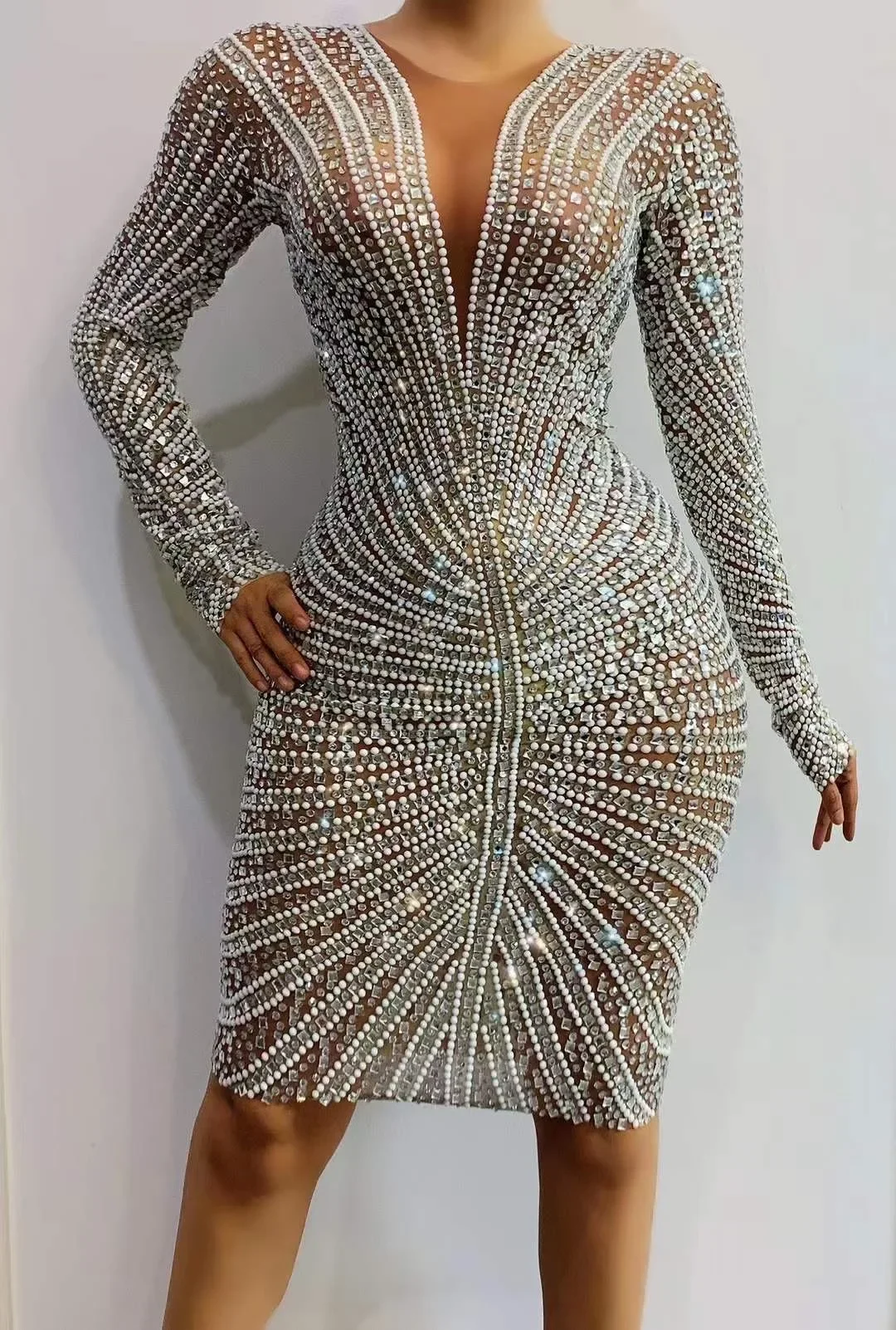 

Shining Crystal Rhinestones Long Sleeve Sexy Women Sheath Dress Evening Party Clothing Stage Singer Costumes Nightclub Bar Wear