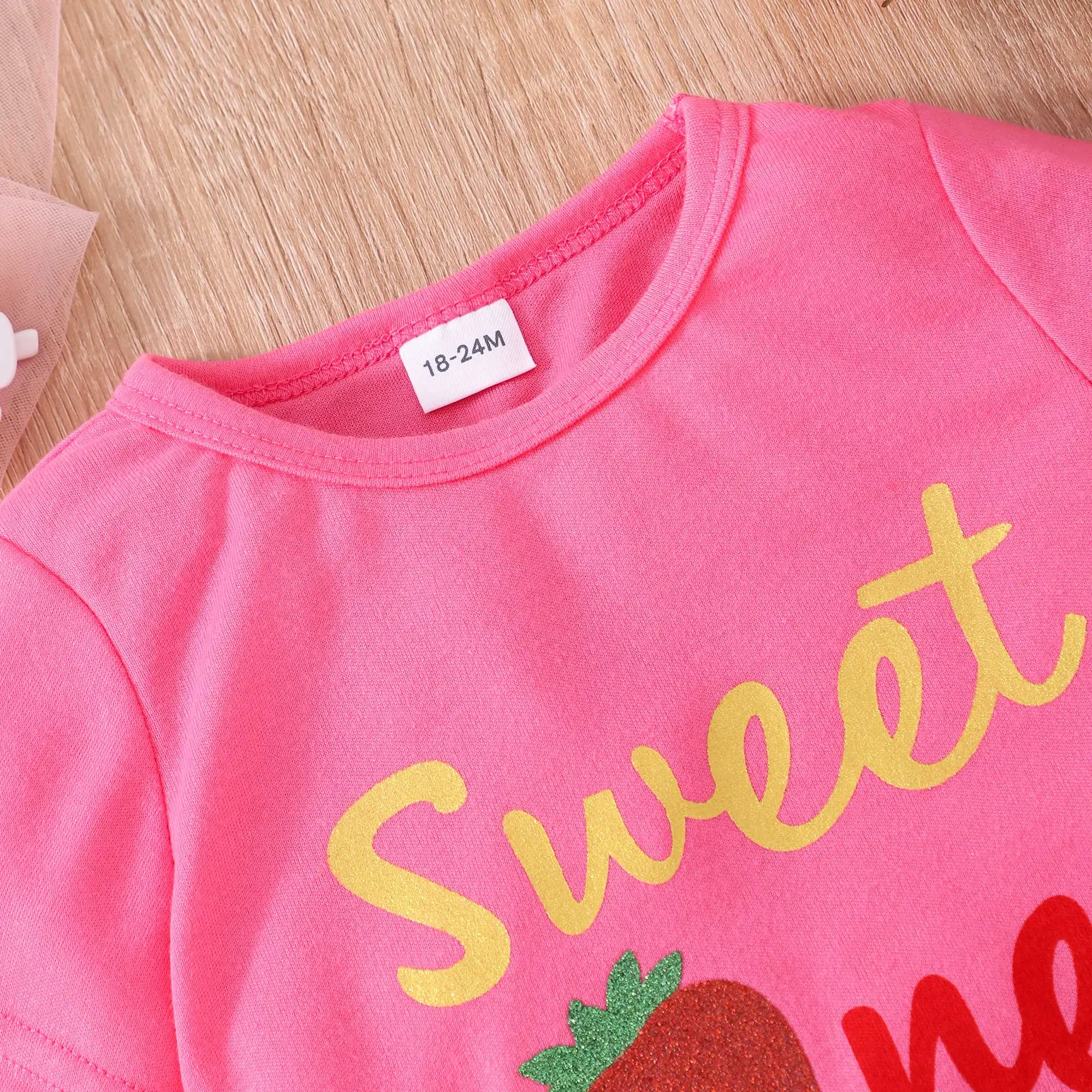 2pcs Toddler Girls Strawberry Graphic T-Shirts Top & Glitter Tape Mesh Skirt Set Kids Summer Clothes