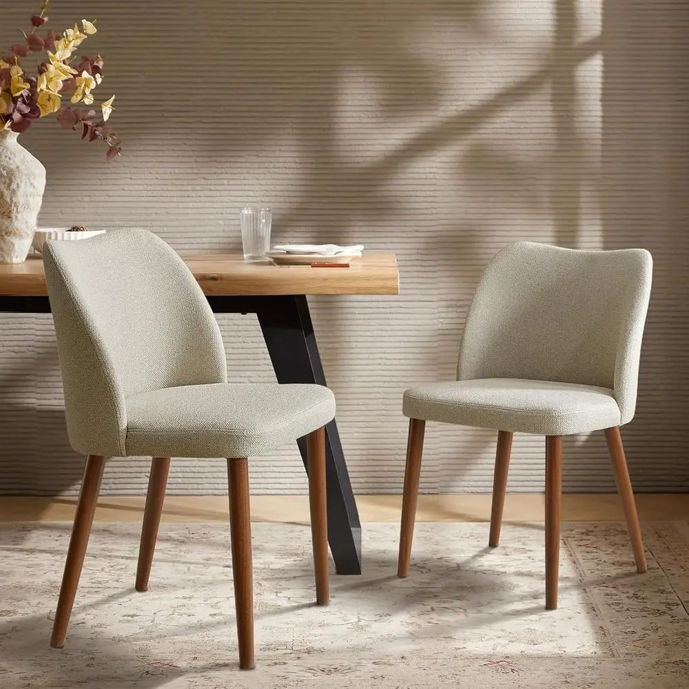 

Pair of Modern Beige Upholstered Dining Chairs with Curved Padded Back and Wooden Legs
