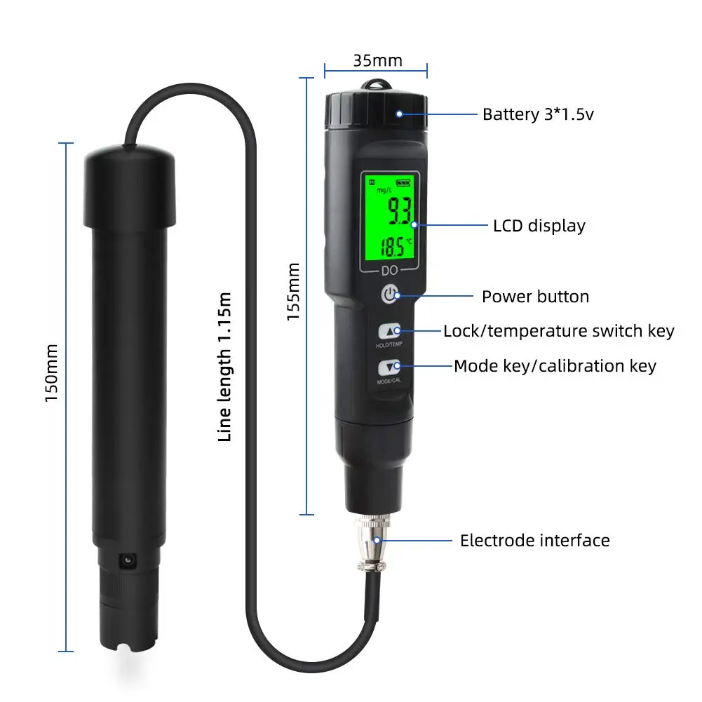 Portable dissolved oxygen analyzer with precision probe for aquaculture and environmental monitoring