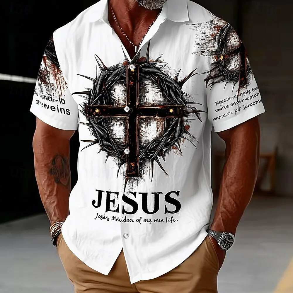 Men's 3D Print Cross Jesus Religion Shirt, Short Sleeve Turndown Collared Casual Button Up, Vintage Perfect for Summer Outings