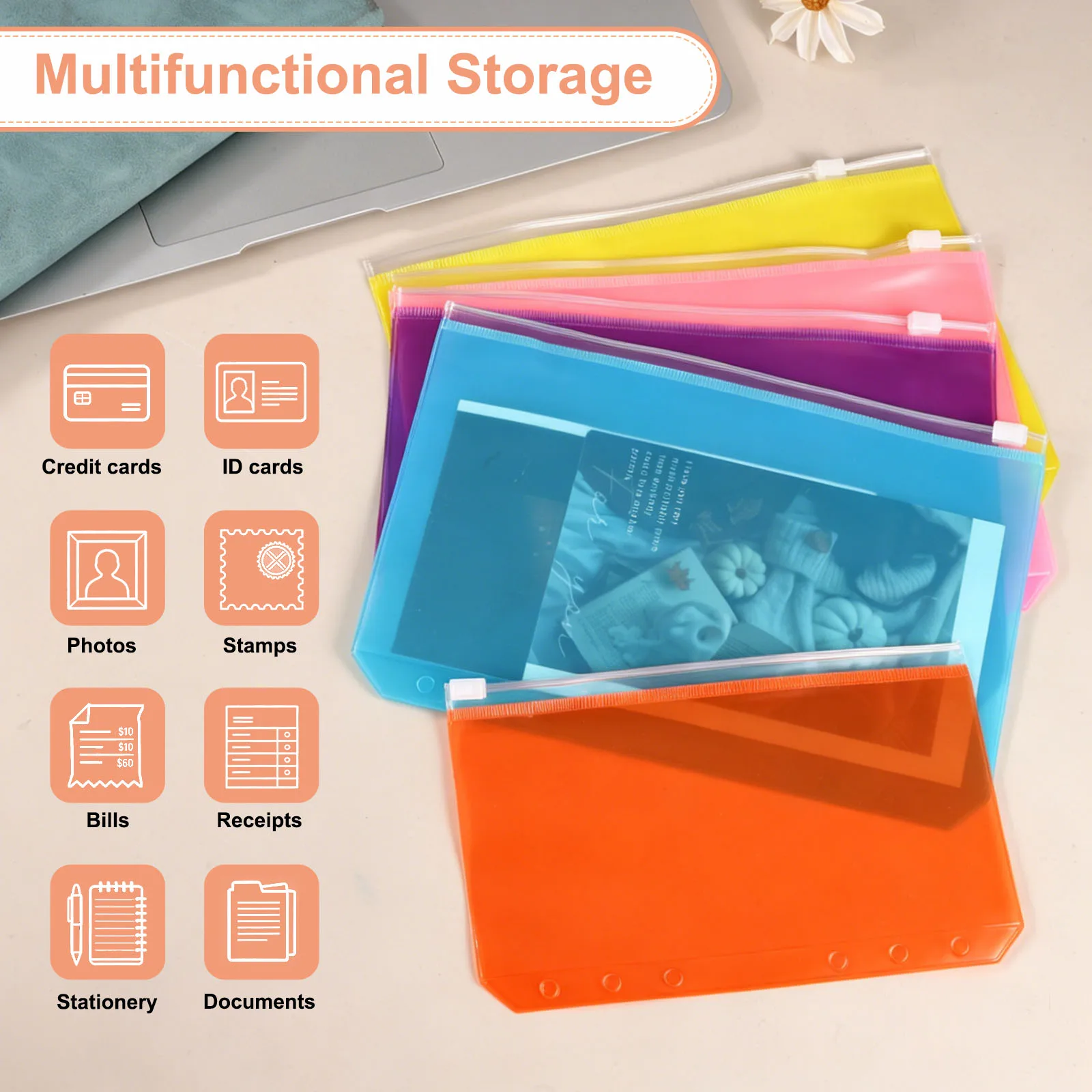 20Pcs A5 A6 Plastic Binder Zipper Binder Pockets Clear Envelope Folder Planner Waterproof Zipper Money Organizer for Note Sticky