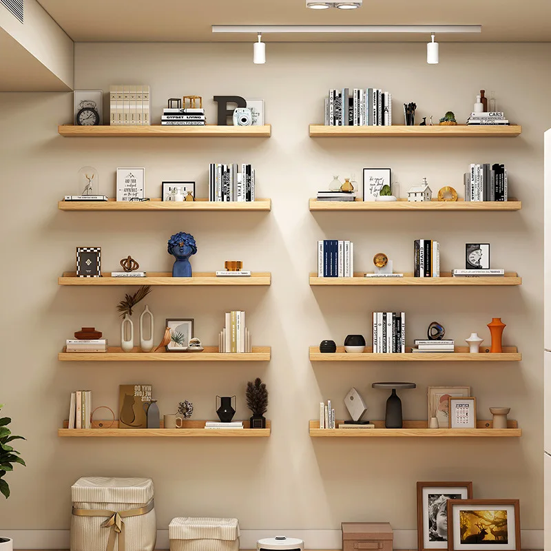 Solid wood wall bookshelf shelf wa ll wood board living room bedroom wal l non-punching word baffle w all hanging laminate
