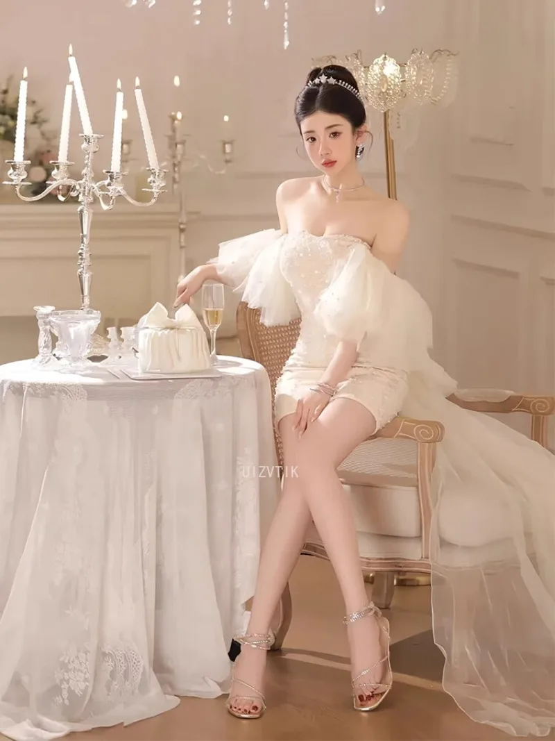 2025 женские простые короткие свадебные платья, изысканное блестящее облегающее мини-вечернее платье, модное платье с пышными рукавами для дня рождения