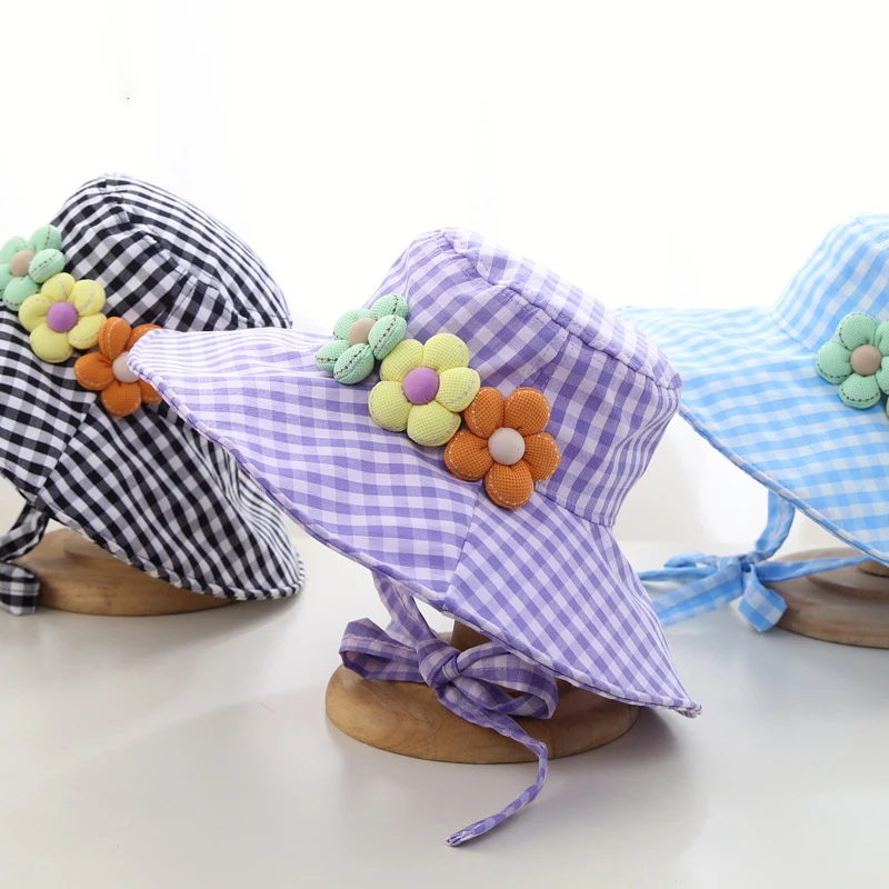 

Children's Bucket Hats Plaid 3D Flowers Cute Kawaii Sweet Fashionable Verstaile Bucket Hats Big Brim Sun Protection Sun Hats