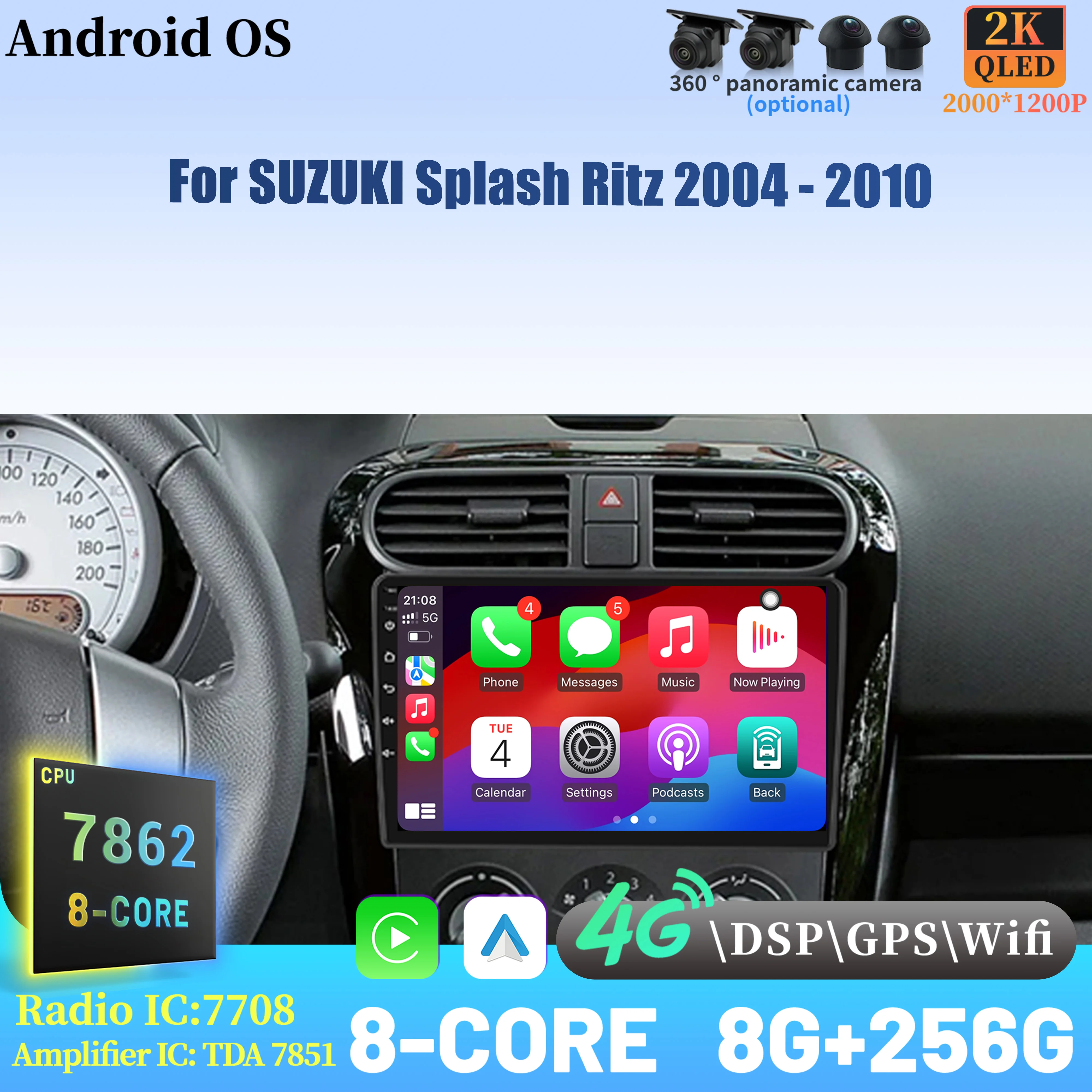 

For SUZUKI Splash Ritz 2004 - 2010 Wireless BT CarPlay Android 14 Radio Car Multimedia Player Touch 2K QLED Screen