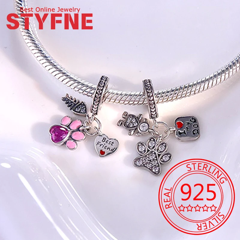 

925 Sterling Silver Dog footprints Charm Beads Fit Bracelet Necklace Accessories Bead Jewelry Making Fine Jewelry Gift