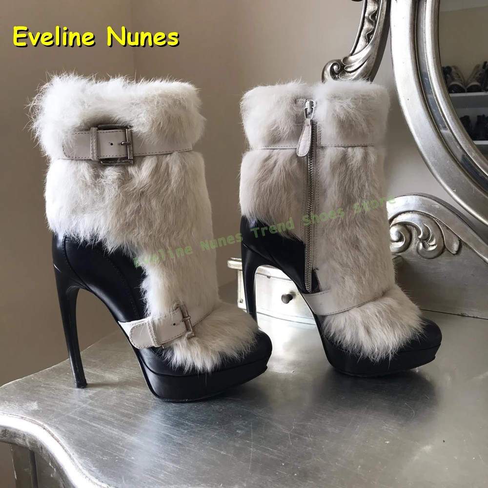 Faux Fur Belt Buckle Ankle Boots Round Toe Stiletto Side Zip Patchwork Women Fashion Mid-Calf Boots Solid 2025 Winter New Trend
