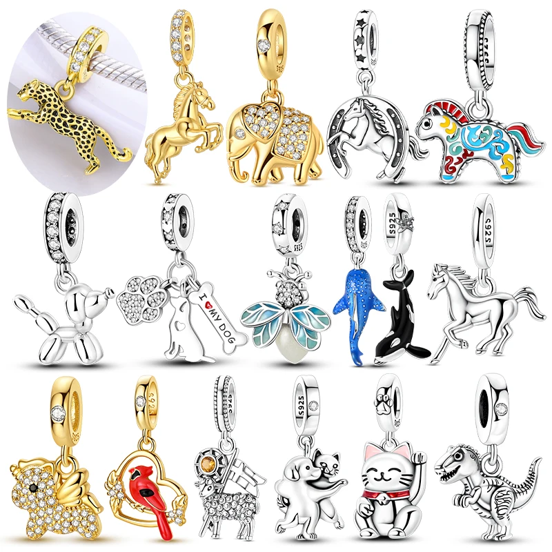 Charms Silver 925 Animal Pendant Beaded Cat Dog Leopard Pony Charms Fit Bracelet Bangle Necklace DIY Women Jewelry Making Gifts