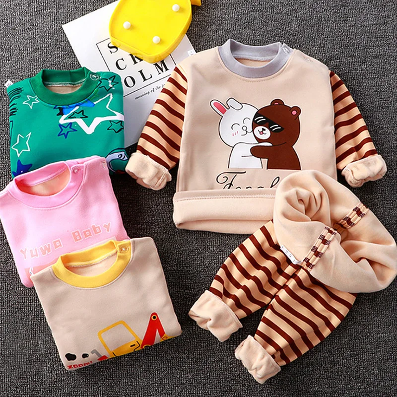 Autumn Winter Thick Warm Comfortable Kids Pyjamas Set Cartoon Padded Long Sleeve Soft Homewear Children Leisure O-Neck Sleepwear