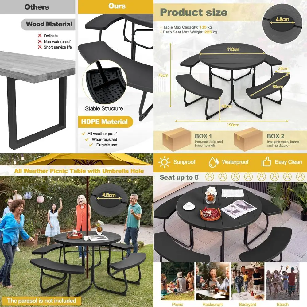 

Round 8-Person Outdoor Dining Set with Built-in Benches and Umbrella Hole, Black