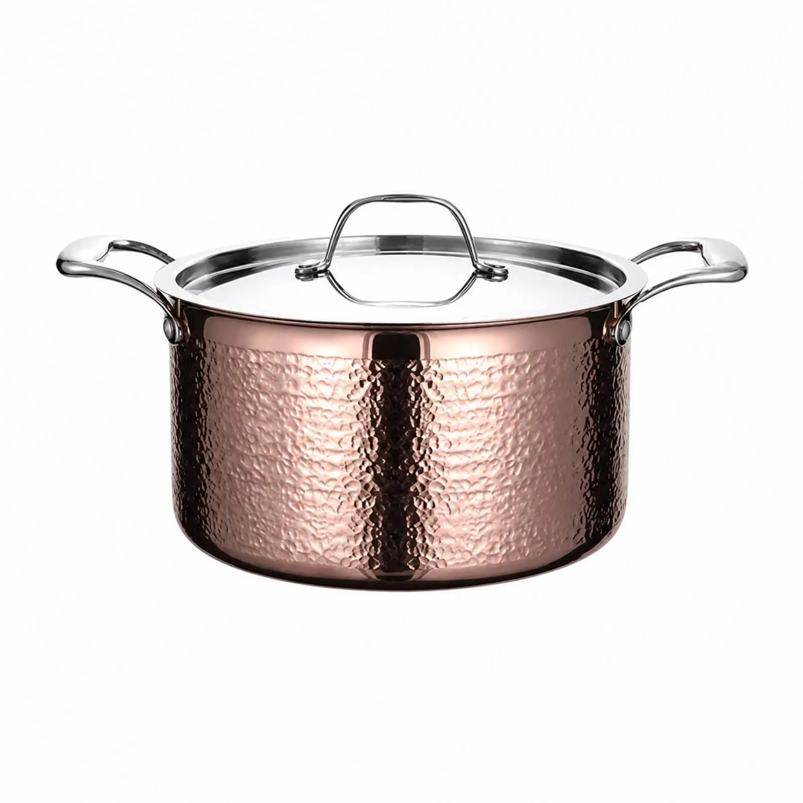 Elegant Hammered Cooking Pan Copper Rose Steel Pot with Lid for Simmering Sauces on Ceramic Stove