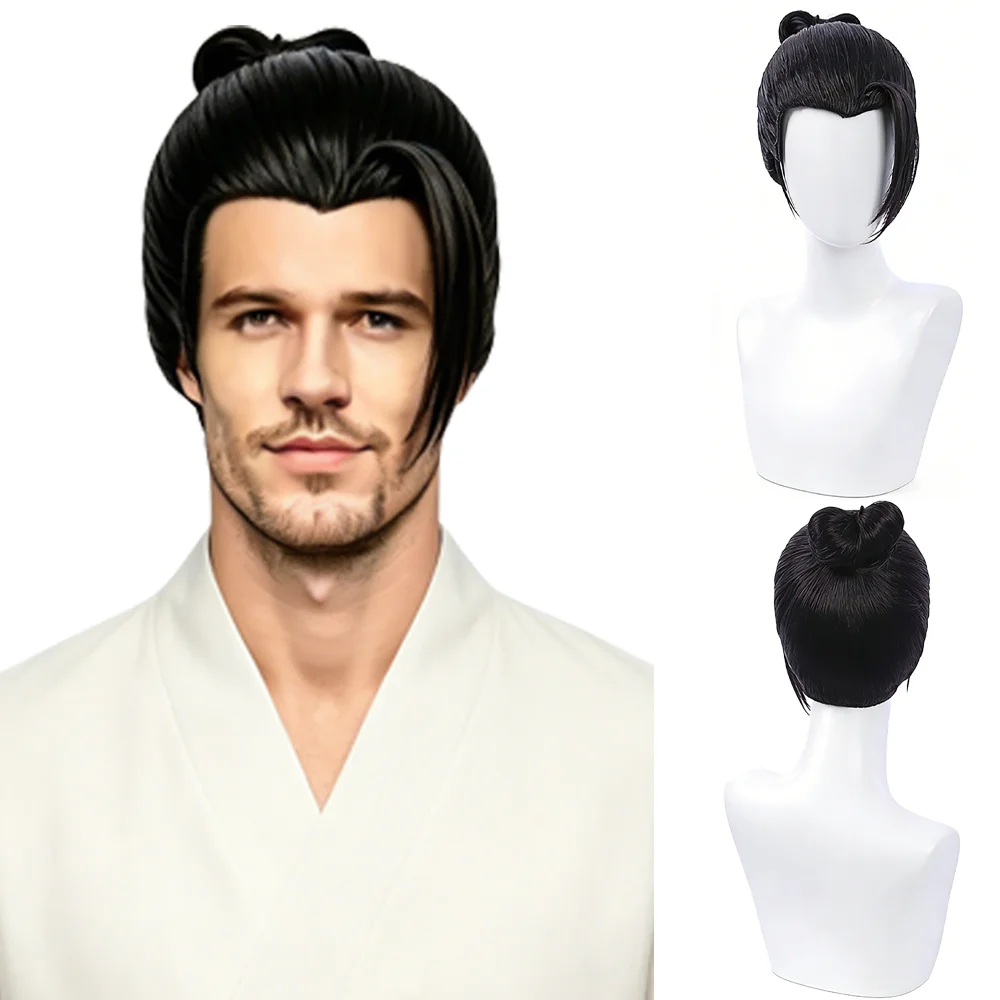 Jujutsu Kaisen Geto Suguru Cosplay Wig Black Widow's Peak Synthetic Heat Resistant Hair Bun Wig For Unisex Halloween Party Daily