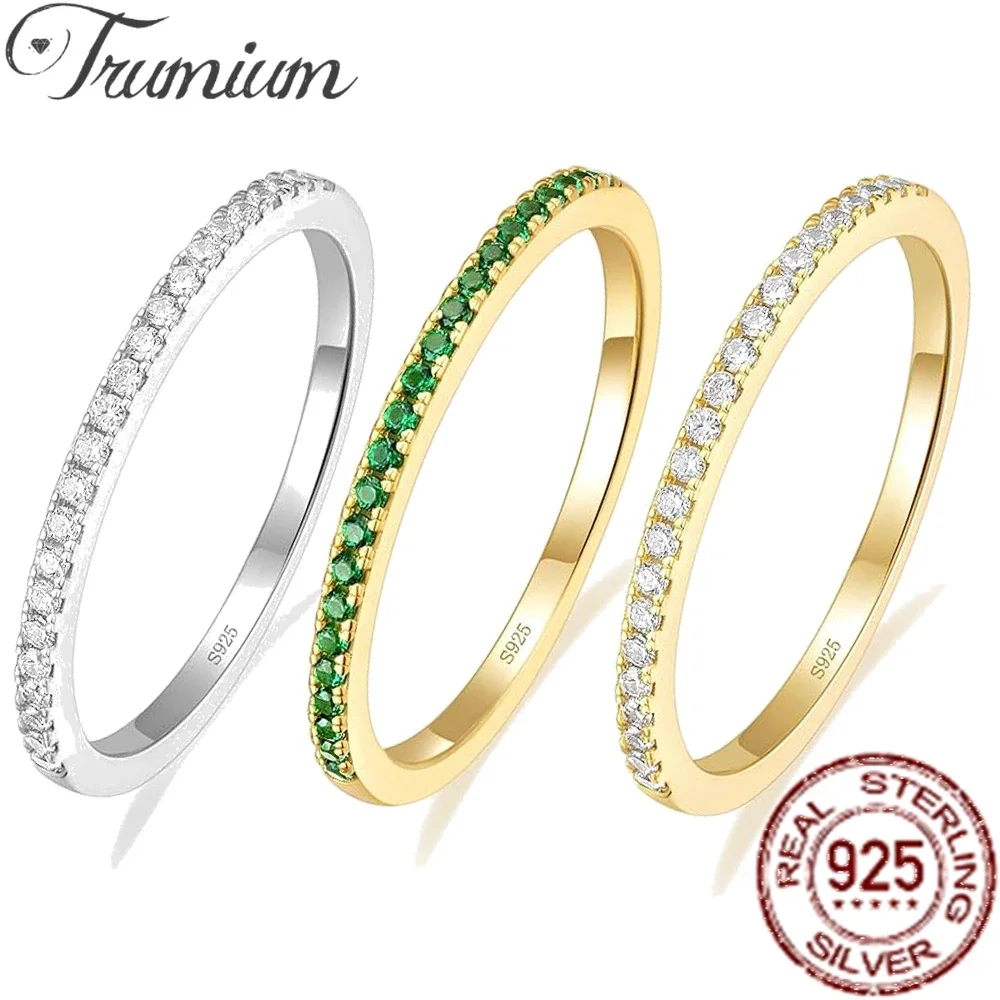 

Trumium 1.5mm 925 Sterling Silver Wedding Ring for Women Green Cubic Zircon Half Eternity Stackable Engagement Ring Fine Jewelry